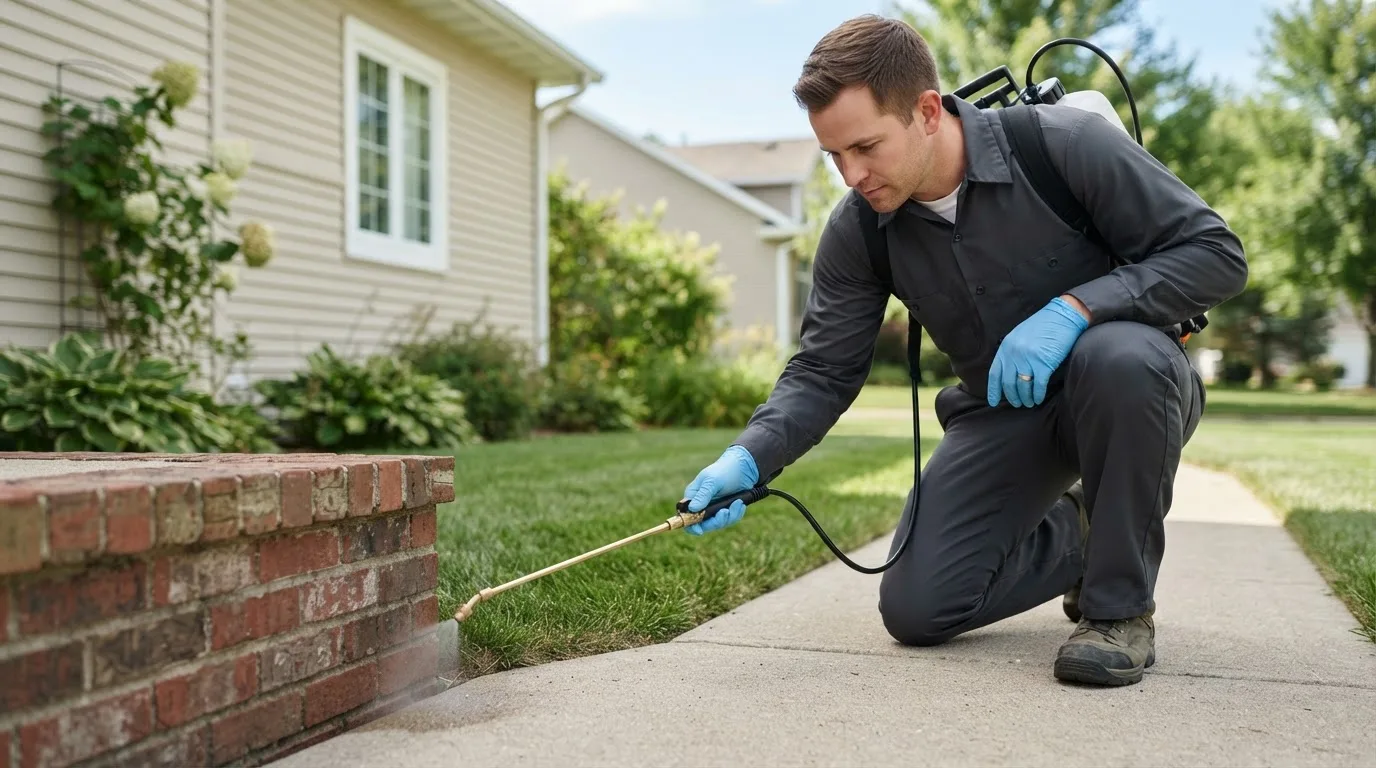 Pest control technician treating a home near Hinesburg, VT